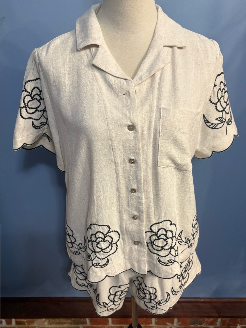 Cream Embroidered Short-Sleeve Button Front Top with Shorts- Classic Floral